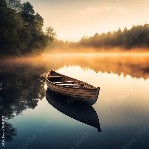Fotografia de paisaje natural con lago, bruma y barca, con reflejos de luz