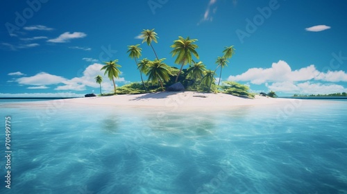 Small tropical sandy island surrounded by the blue waters of the ocean. A beautiful bright blue summer sunny sky.