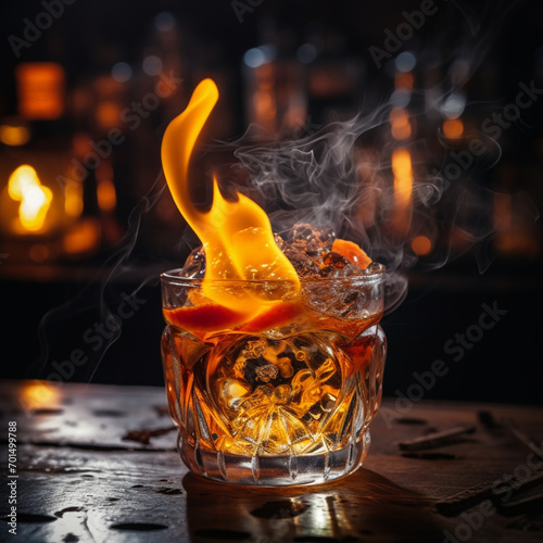 Fotografia con detalle y textura de vaso de cristal con licor y llama de flambeado photo