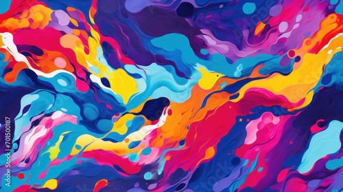  an abstract painting of multicolors on a blue, pink, yellow, orange, red, and purple background.