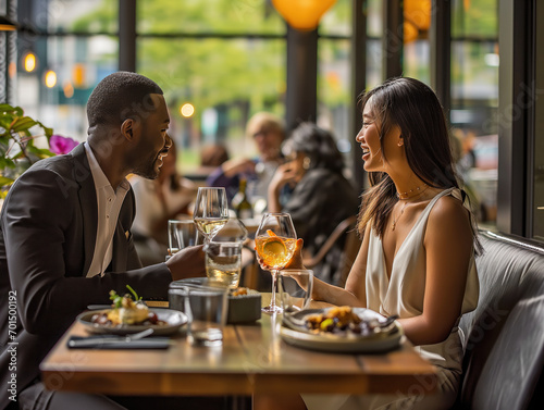 A diverse group of patrons enjoy conversation and wine at a modern restaurant. An African American man and an Asian woman converse by the window  while a server delivers delicious dishes to them.