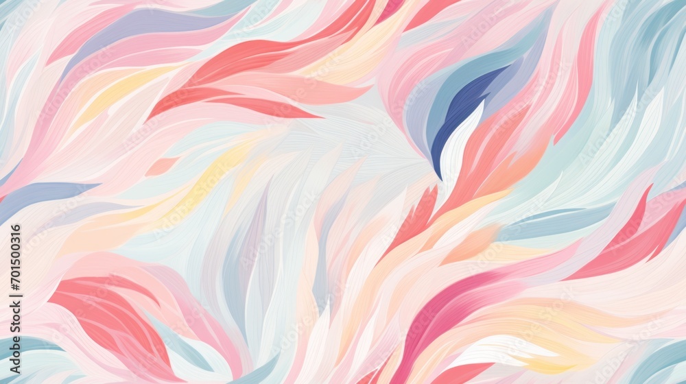 a multicolored pattern of feathers on a pink, blue, yellow, pink and white background that looks like something out of a painting. a multicolored pattern of feathers on a pink, blue, yellow, pink and white background that looks like something out of a painting.