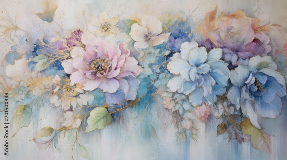  a painting of blue, pink and white flowers on a blue and white background with green leaves on the left side of the painting.