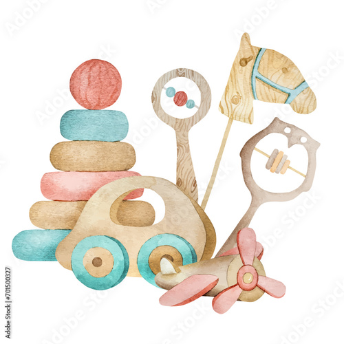 Watercolor wooden toys for infant baby. Rocking horse, pyramide and plane from eco natural material for child kid development