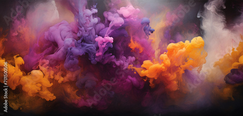 Explosive bursts of amethyst and goldenrod smoke cascading in a dazzling and vibrant symphony against a contrasting canvas. © Abdul