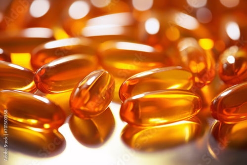 Close up of golden Vitamin D nutrition supplement capsules