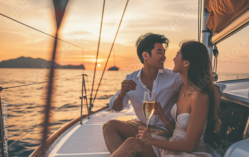 Asian couple celebrates anniversary on yacht, enjoying champagne and summer sunset during their trip on a catamaran boat © aka_artiom