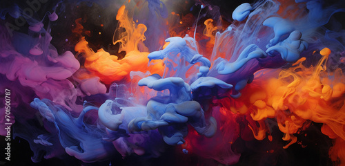 Explosive bursts of indigo and amber smoke cascading in a dazzling and vibrant symphony against a contrasting canvas.