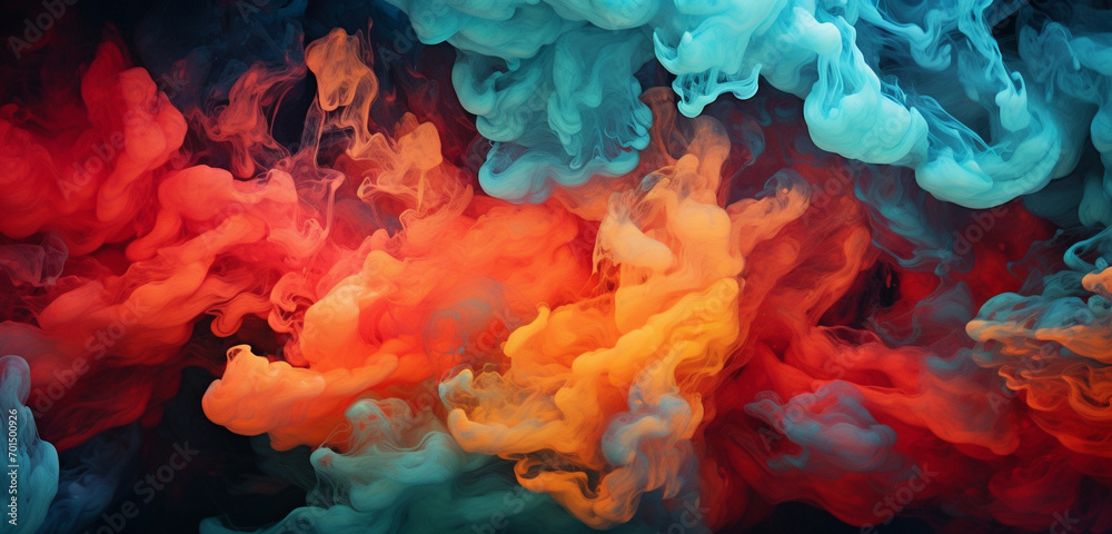 Explosive clouds of crimson and turquoise smoke swirling and colliding, forming an intricate and mesmerizing pattern.
