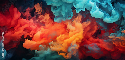 Explosive clouds of crimson and turquoise smoke swirling and colliding, forming an intricate and mesmerizing pattern.