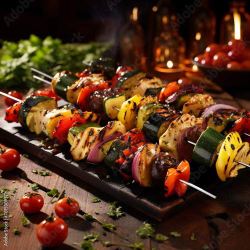 Fotografia con detalle de brochetas con trozos de vegetales a la brasa