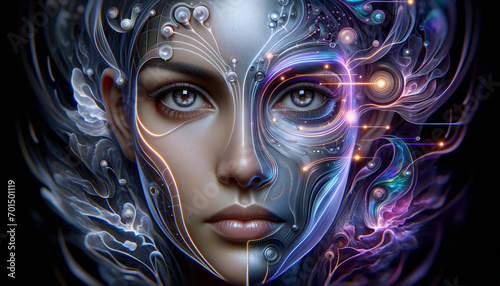 Advanced Facial Recognition: Serene human face integrated with futuristic elements in a symbiotic blend.