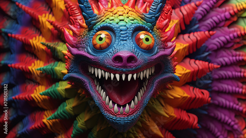 Fearsome  vibrantly-colored face with elaborate neck frill