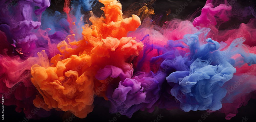 Fiery bursts of magenta, amber, and sapphire smoke billowing in an explosive dance, creating a vibrant visual display.