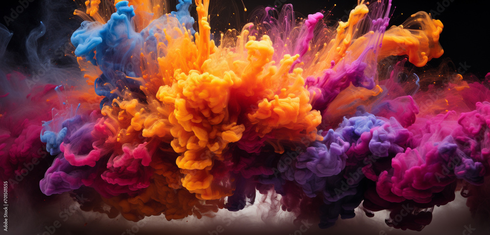 Fiery bursts of magenta, amber, and sapphire smoke billowing in an explosive dance, creating a vibrant visual display.