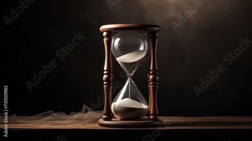  an hourglass sitting on a wooden table with smoke coming out of the top of the hour and bottom of the hour.