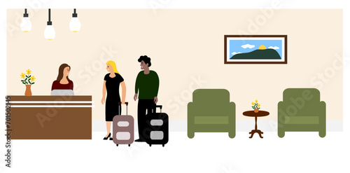 Hotel's reception. Happy couple with suitcase talking to receptionist. Checking or checkout concept. Vector illustration. Cozy hotel lobby.