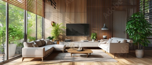 Modern living room interior with design and decor in earth tones. TV on a wooden wall photo