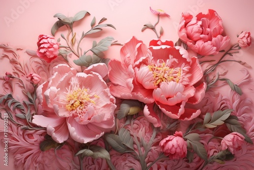 Graceful peonies strewn across a pink backdrop, weaving an organic tapestry with ample room for creative text integration.