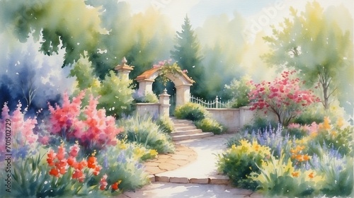 Watercolor Style Beautiful Garden  photo