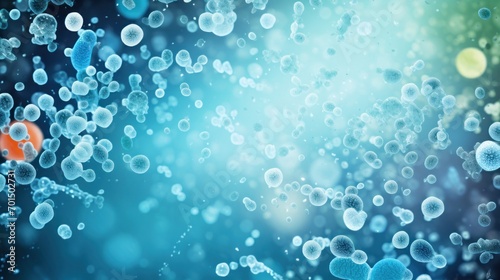  a bunch of bubbles floating in the air on a blue and green background with a small orange fish in the middle of the bubbles.
