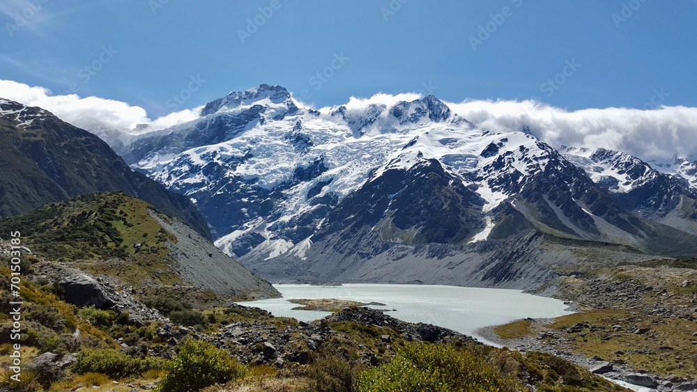 New zealand glacial lake and mountains with snow
