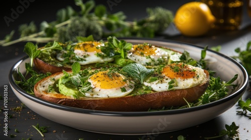  a close up of a plate of food with eggs on top of lettuce and a lemon in the background.