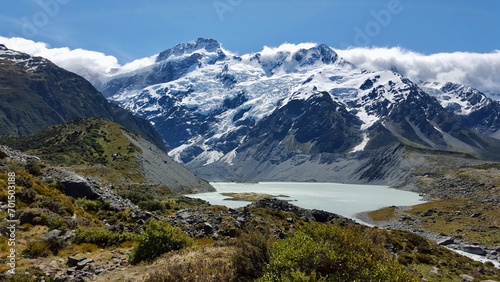 New zealand glacial lake and mountains with snow