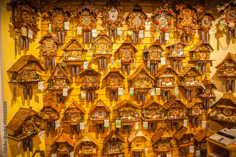 Fototapeta premium Vintage wooden cuckoo clocks on a wall, Triberg, Germany