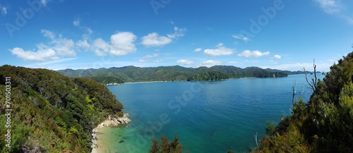New Zealand Abel Tasman blue and green sea water sky bushes