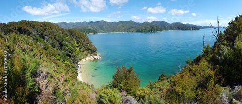 New Zealand Abel Tasman blue and green sea water sky bushes