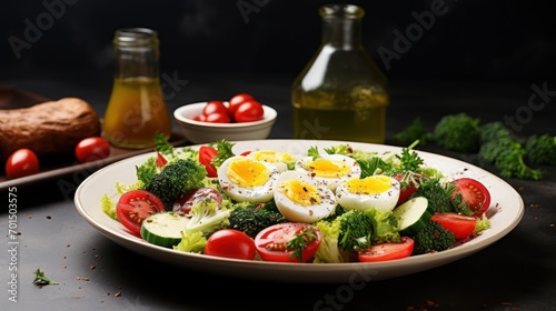  a close up of a plate of food with tomatoes, broccoli, eggs, and other food items.