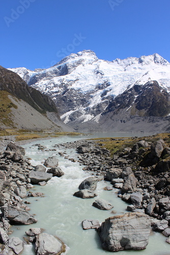 New zealand Mountains with snow and river in front