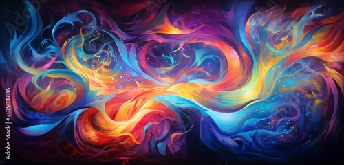 Illustrative scene portraying an electric and vivid display of swirling abstract colorful lights, painting a dreamy and vibrant atmosphere.