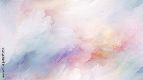  an abstract painting with pastel colors of blue, yellow, pink, and purple on a white background with a black border.