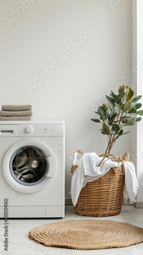 Elegant washing machine and laundry basket next to clean white wall