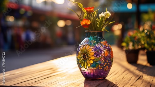  a colorful vase with flowers in it sitting on a wooden table next to a potted plant on the other side of the table.