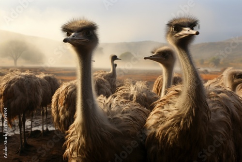 Misty farm backdrop as ostrich group roams, a tranquil ensemble