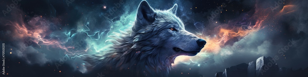 Portrait of wolf on the blue midnight sky banner, wildlife concept - obrazy, fototapety, plakaty 