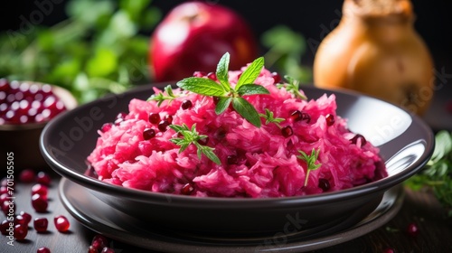  a close up of a bowl of food with pomegranates on a table with pomegranates.