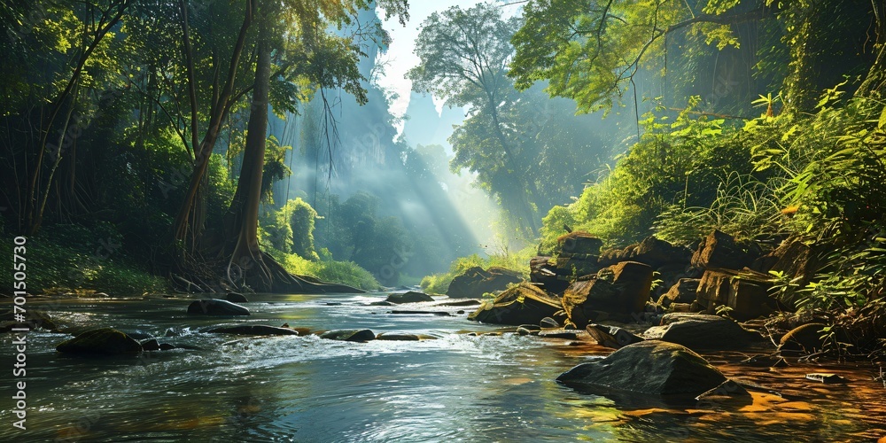 tropical rainforest river landscape, a mysterious temple in the jungle - obrazy, fototapety, plakaty 