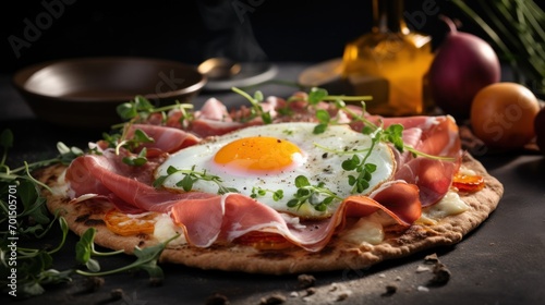  a pizza topped with ham, cheese and an egg on top of it next to other food on a table.