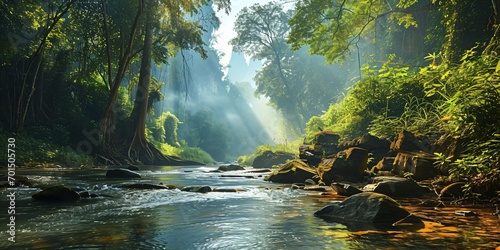 tropical rainforest river landscape, a mysterious temple in the jungle