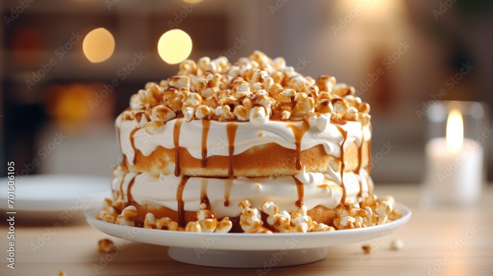  a cake with white frosting and caramel drizzled on top of it sitting on a table.