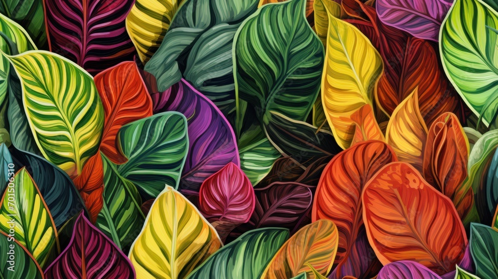  a painting of a bunch of leaves with many colors of green, yellow, red, orange, and purple.