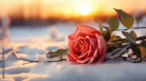 broken heart red rose on snow floor on a snowy storm valentine's day. photo