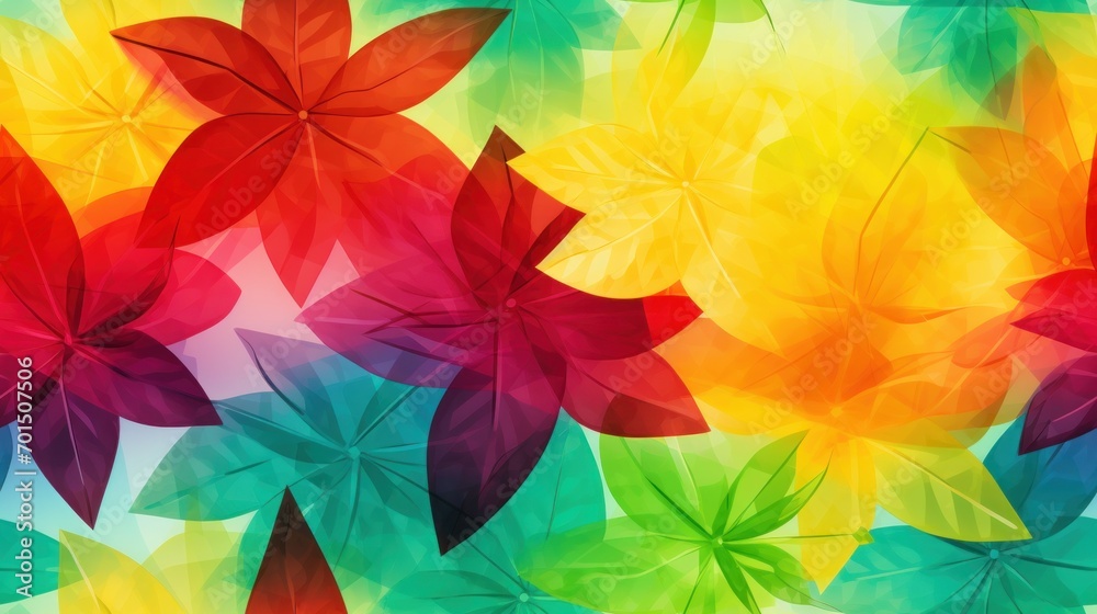 a multicolored pattern of leaves on a white background with a red, yellow, green, blue, and orange color scheme.