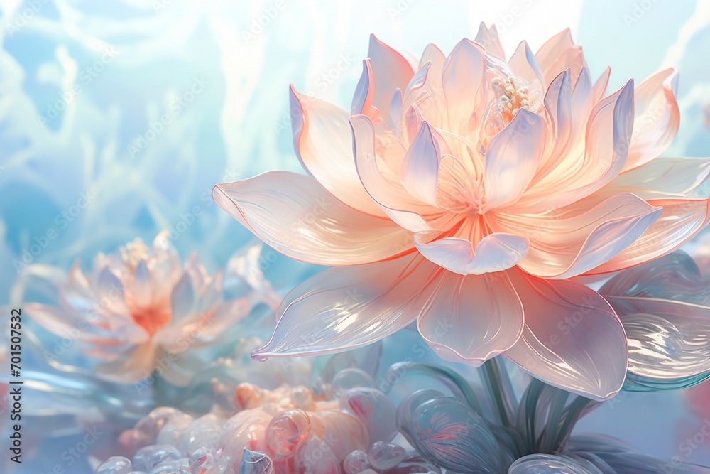 Pastel-hued 3D floral artistry with copy space amidst a crystalline background.