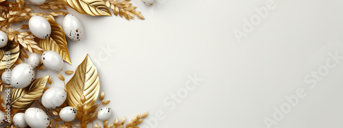 Flat lay minimalistic gold and white easter composition with leaves and eggs on white background with copy space