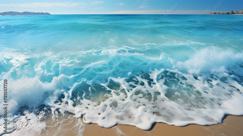 Fototapeta premium abstract white sand beach with water wave from above, background concept for summer vacation holidays with space for text 